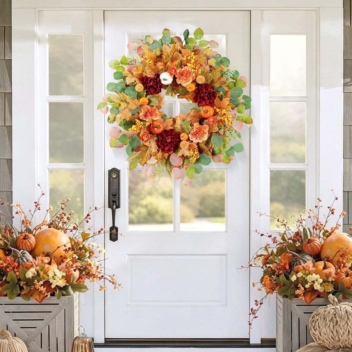 26 Inch Fall Wreaths for Front Door with Orange Camellia & Burgundy Dahlias