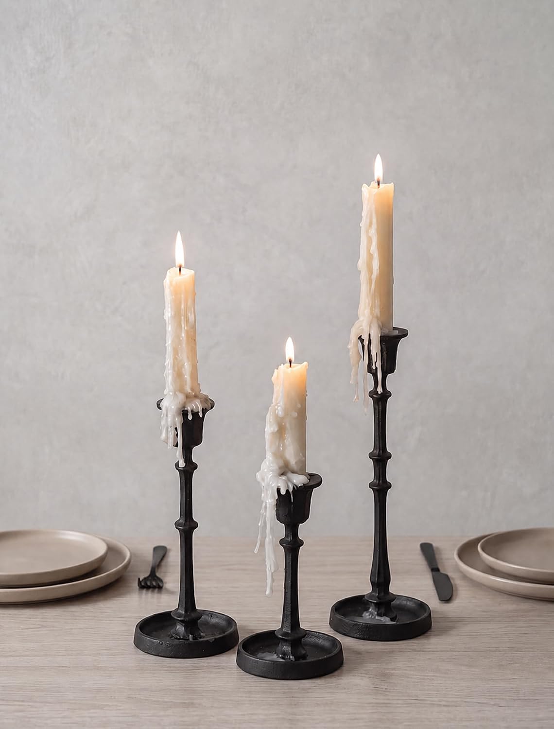 NUPTIO Black Taper Candle Holders: Set of 3 Vintage Cast Iron Candlesticks