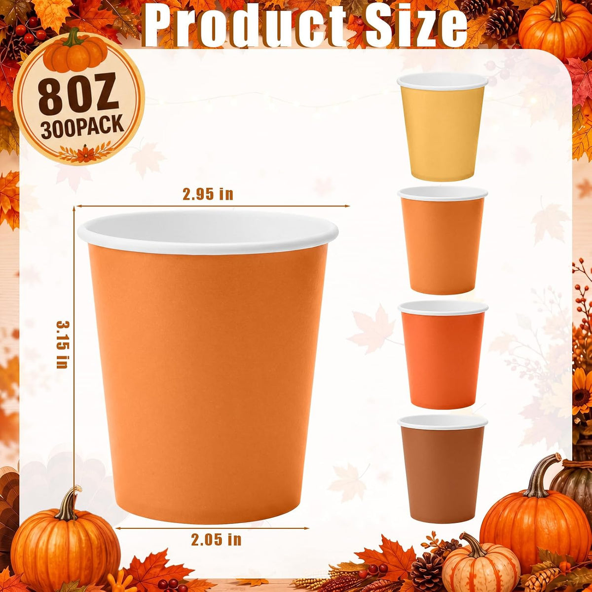 300 Pack 8 oz Fall Orange Disposable Paper Cups for Autumn Party Supplies