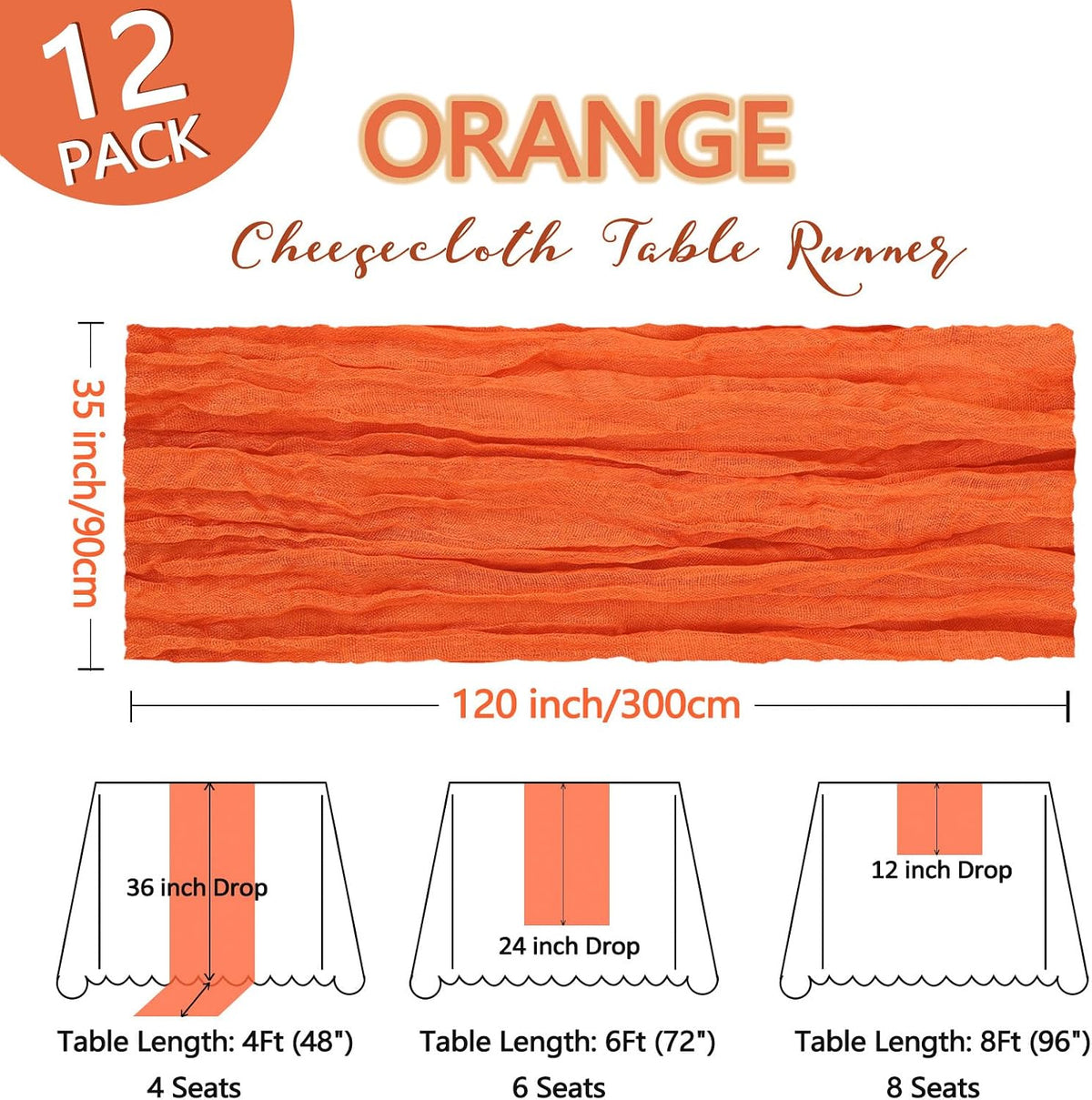 12 Pack 35 x 120 Inch Orange Table Runner Cheesecloth 10Ft