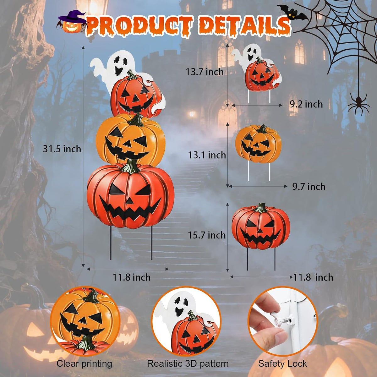 VCUTEKA Halloween Outdoor Decor Pumpkin Stake Yard Sign Garden Stake 3 PCS
