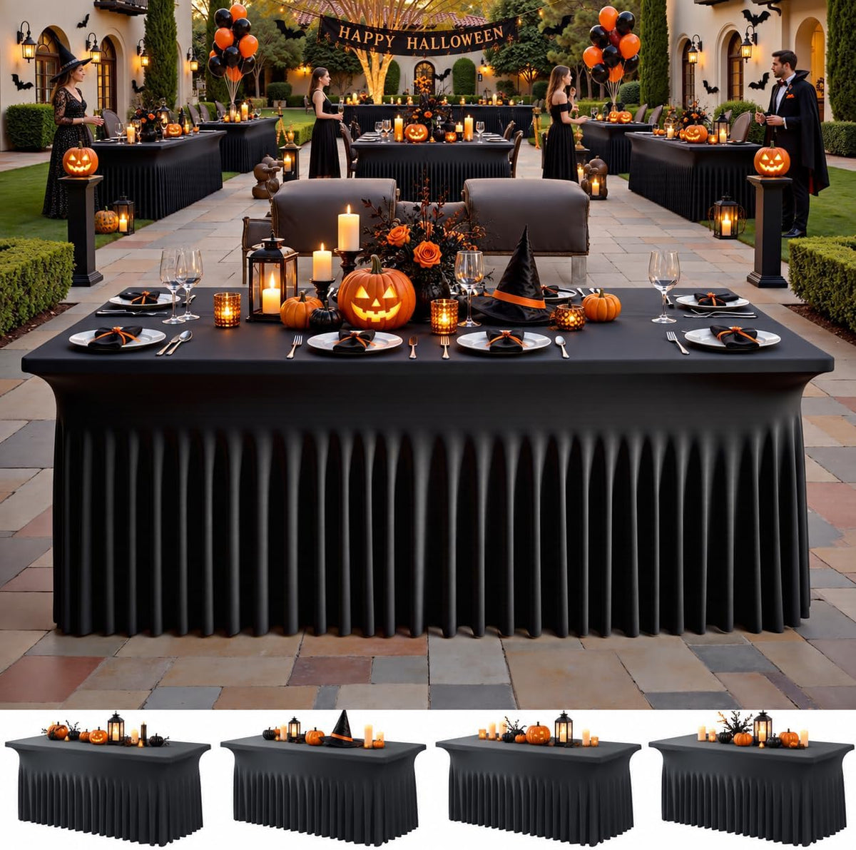 8ft Black Spandex Tablecloth for Rectangle Tables, 4 Pack for Wedding Party
