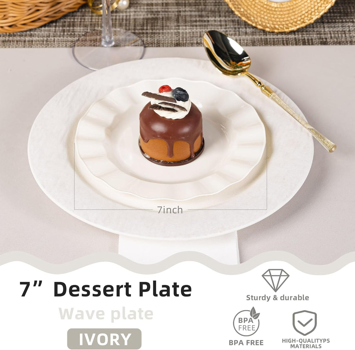 72 Pack Ivory Plastic Plates, 7" Disposable Wave Edge Dessert Plates