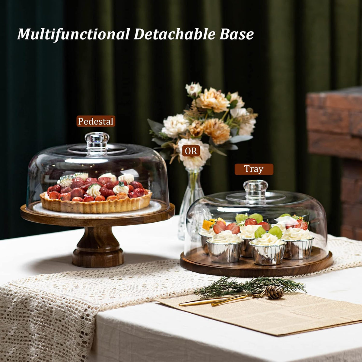 ANBOXIT Cake Stand with Dome Lid, Acacia Wood Cake Plate with Cover