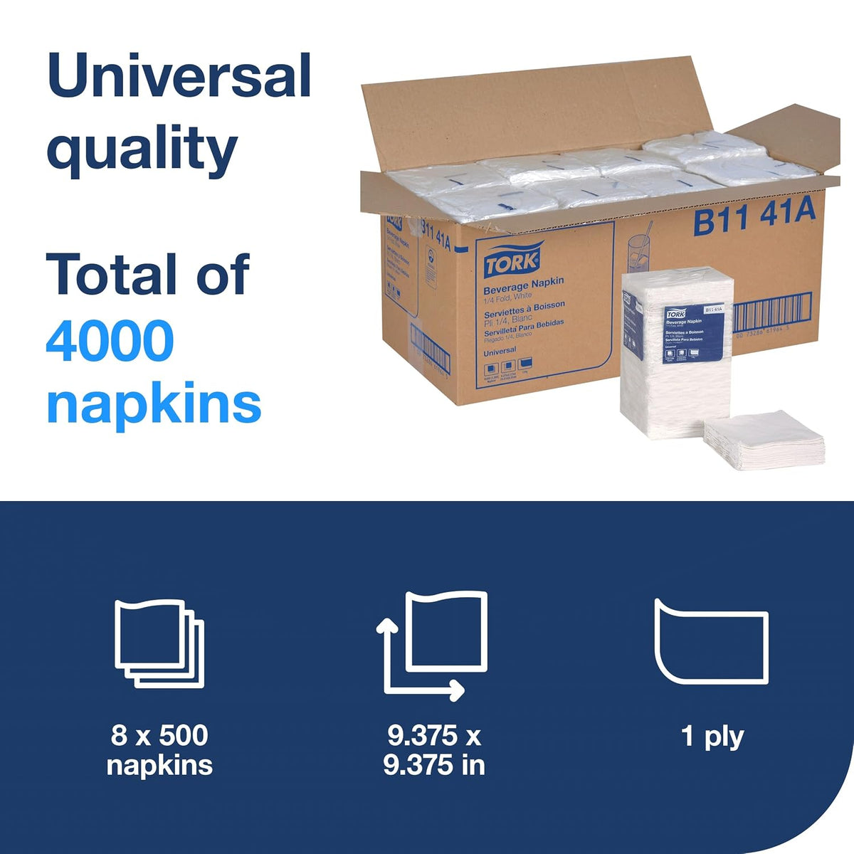 Tork White Beverage Napkin, 1/4 Fold 1-ply, 8 x 500 napkins, B1141A