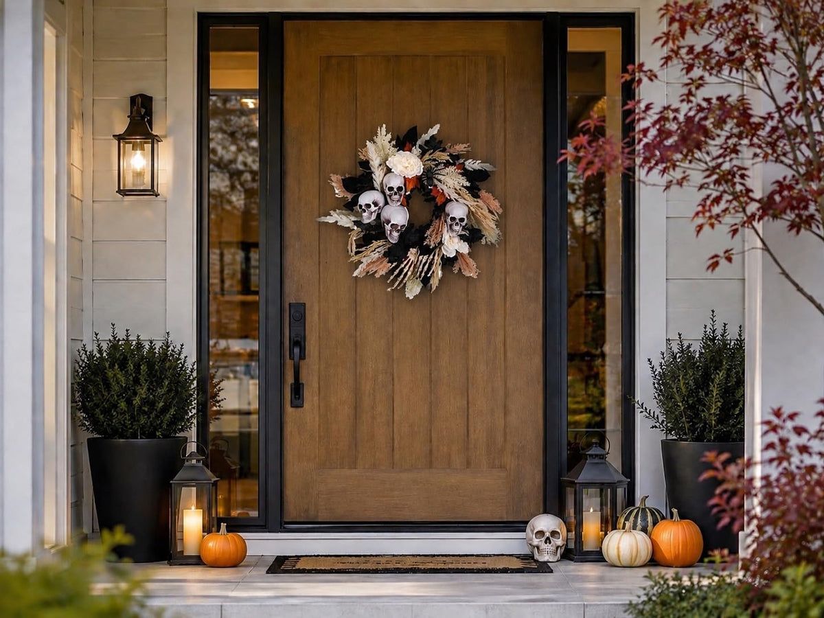 24" Halloween Wreath for Front Door with Artificial Skulls, Wheat, Maple...