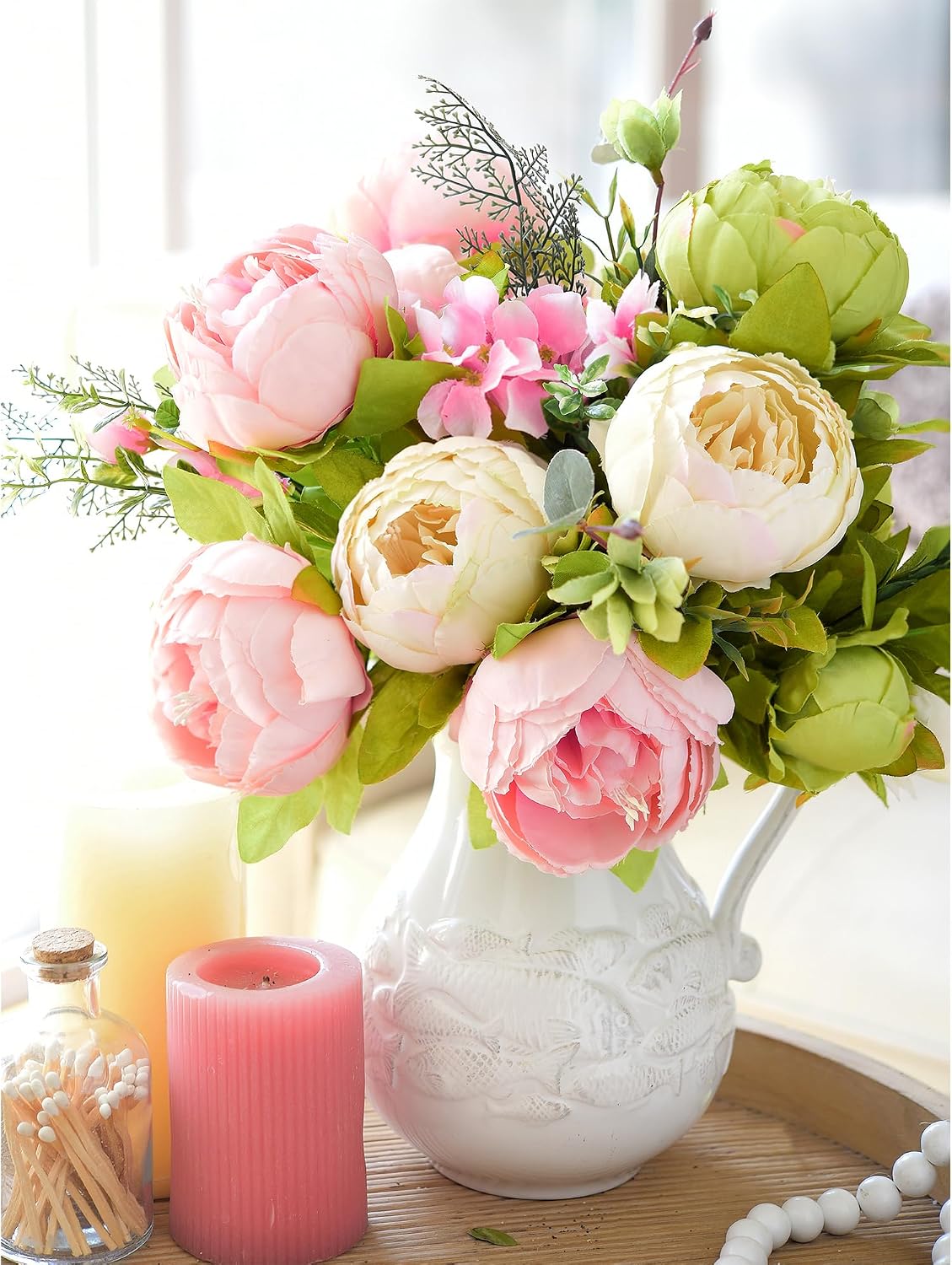 FiveSeasonStuff Artificial Peony Bouquet, Pink, Beige & Green Silk Flower...