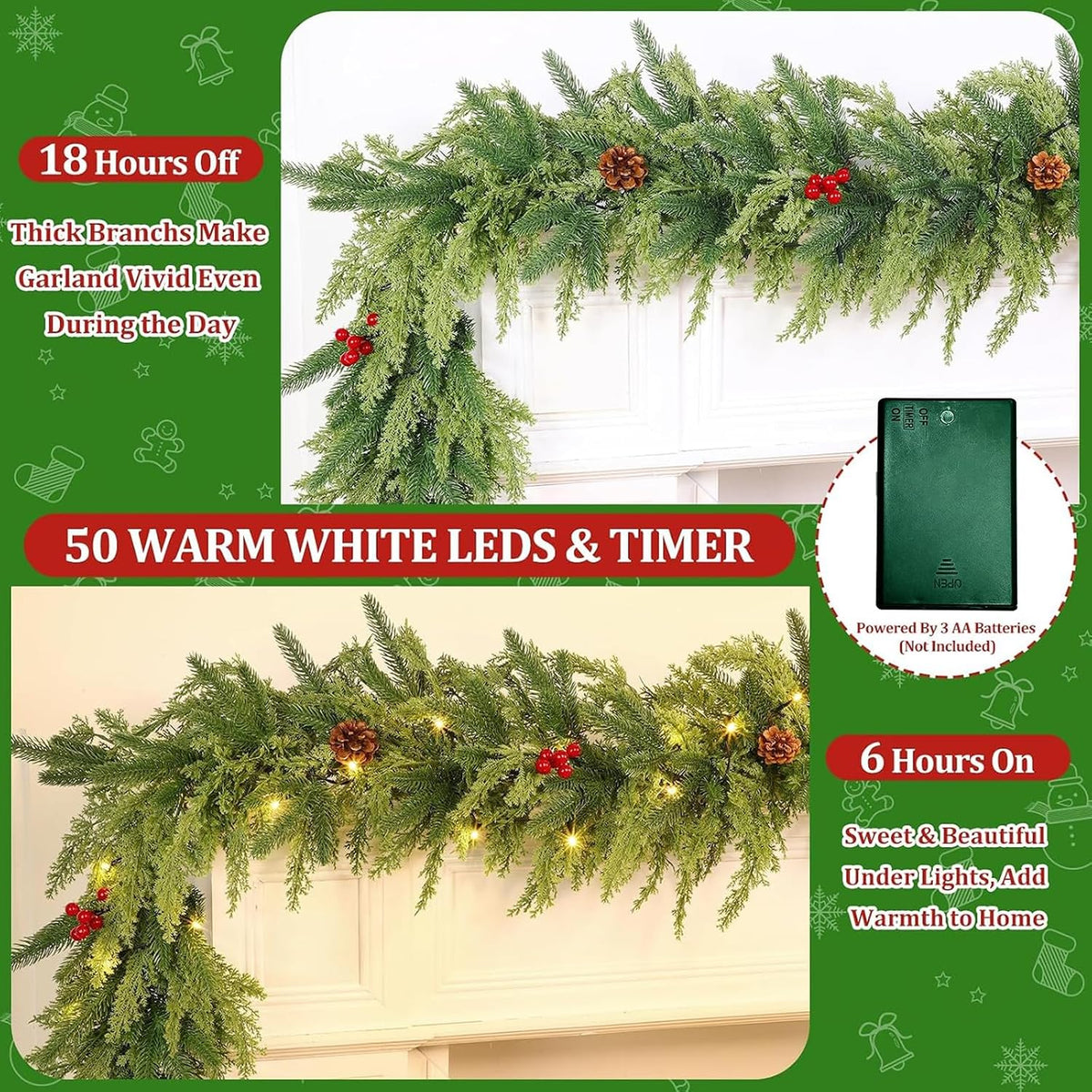 Pre-Lit 9 FT Christmas Garland with Lights Norfolk Cedar Garland Xmas Decor