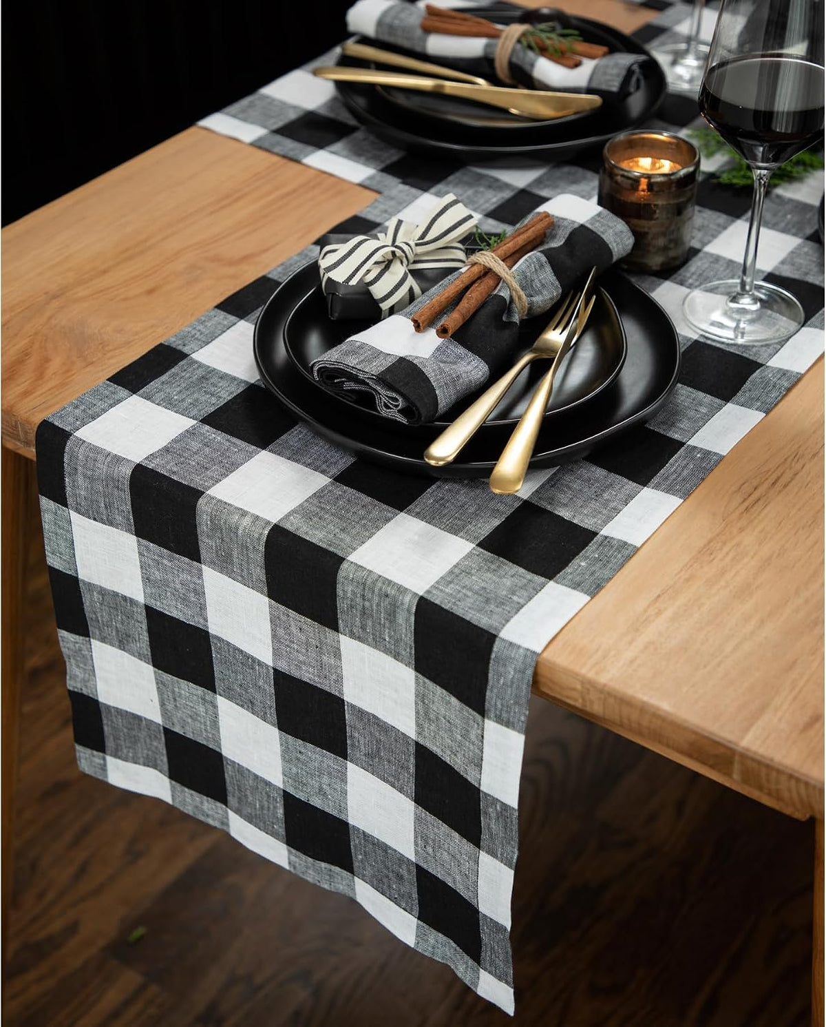 Solino Home 100% Linen Table Runner, 14 x 108 in, Black and White Check