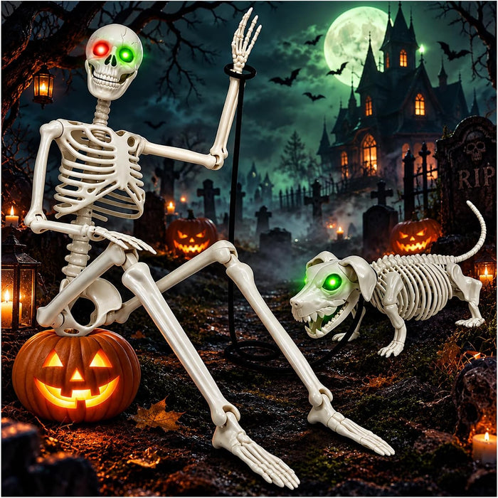36'' Halloween Skeleton Decoration with Dog: Posable Skeleton Glowing Eyes
