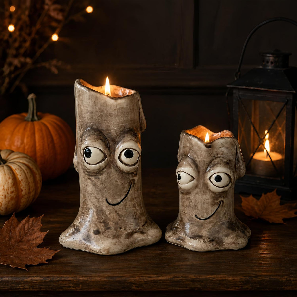 2 PCS Ceramic Candle Holders, Funny Face Decor Set for Home