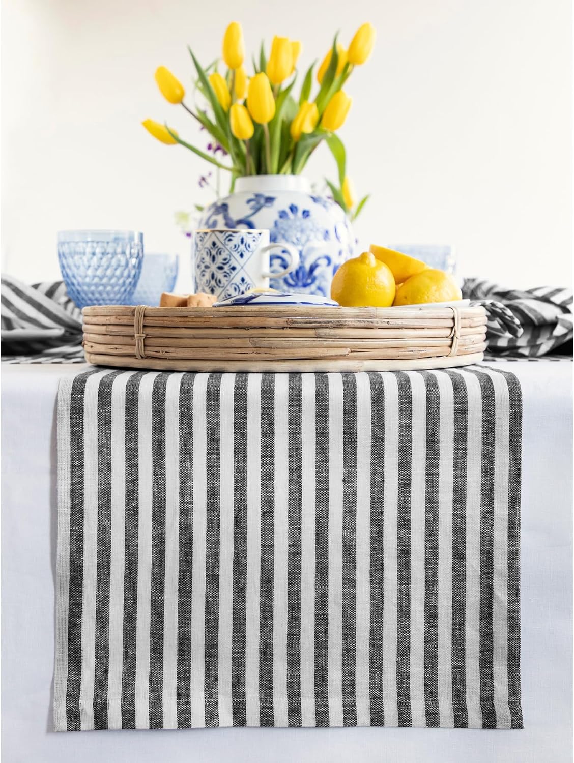Solino Home 100% Pure Linen Table Runner, 14 x 90 in, Black, Amalfi Stripe