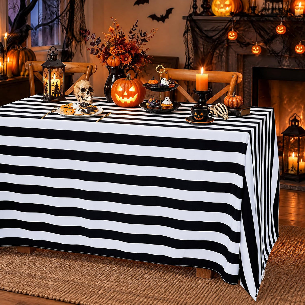 Black and White Striped Rectangle Tablecloth 57x84 Inch 2 Pack Modern Decor