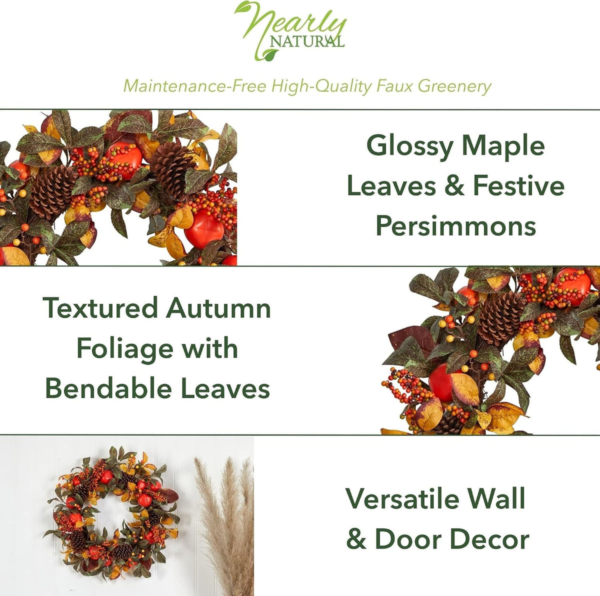 Nearly Natural 26 in Autumn Maple, Persimmons, and Pinecones Fall Wreath