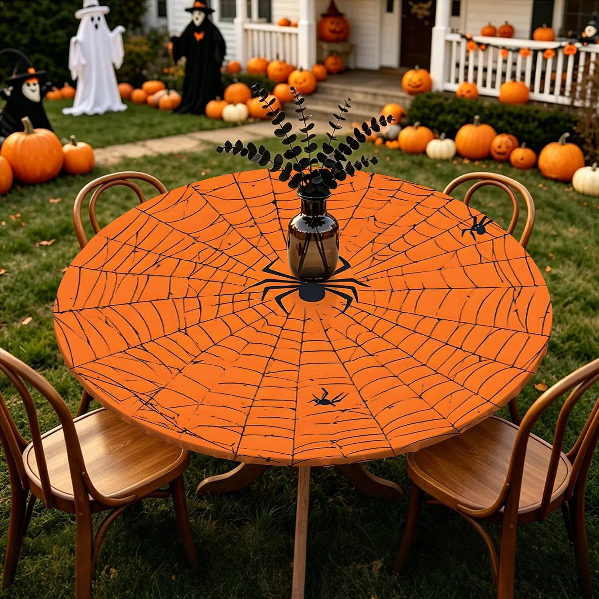 60 Inch Fall Round Waterproof Tablecloth for Dinner, Halloween Fitted Round T...