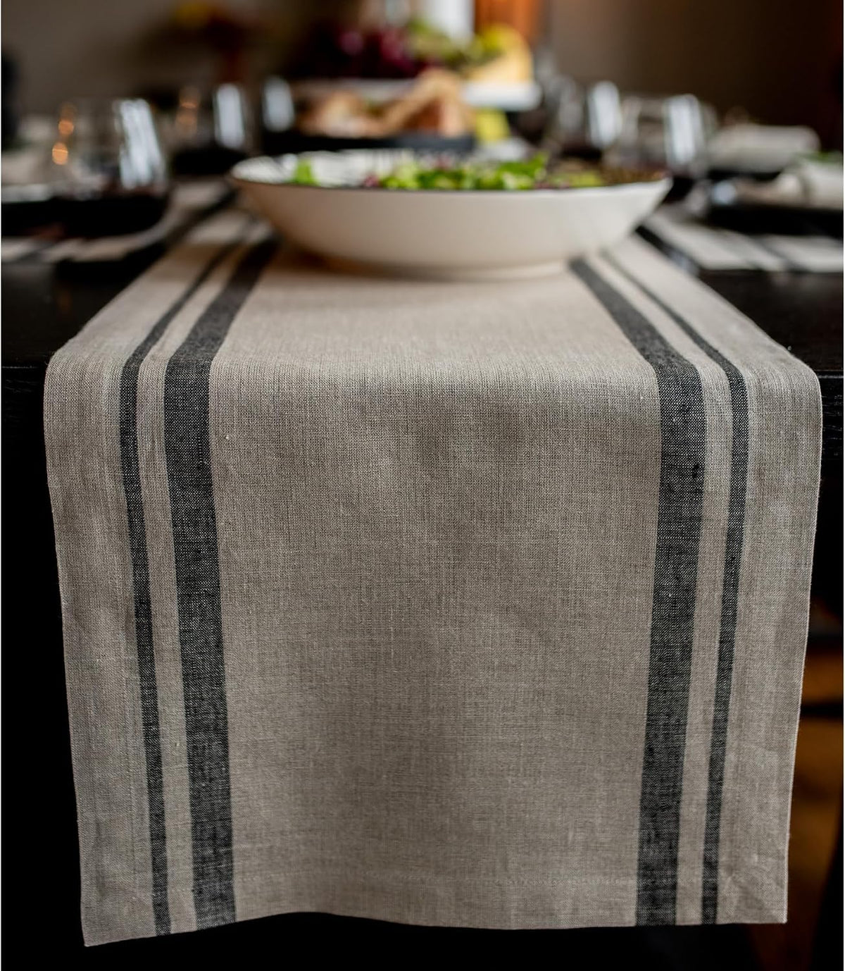 Solino Home 100% Pure Linen Table Runner, 14 x 90 in, Black, French Stripe