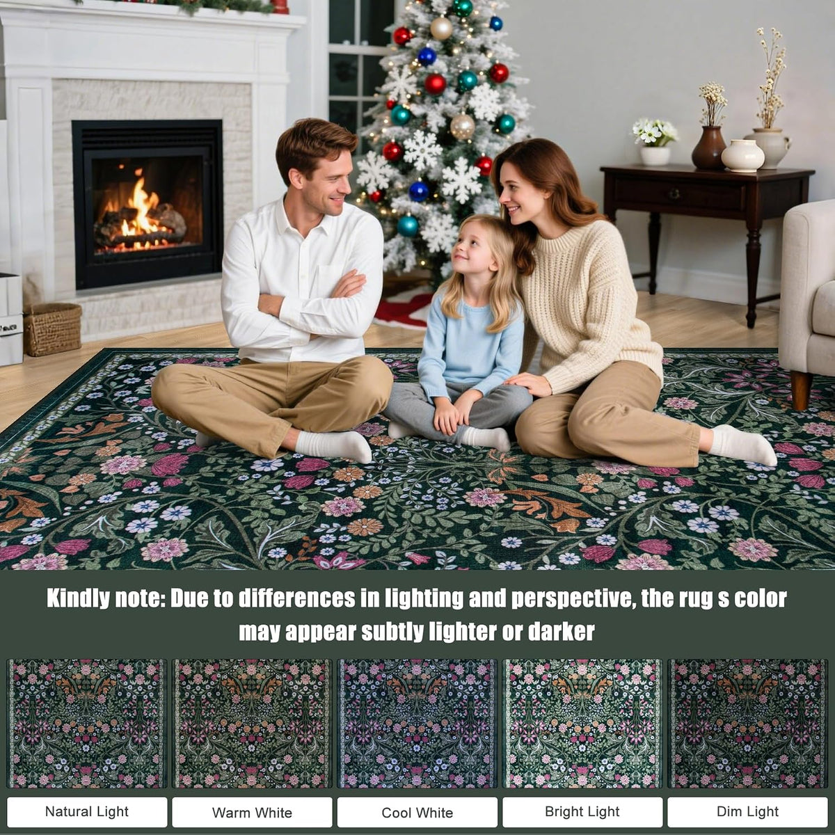 PLHXFR 8x10 Area Rug Living Room: Floral Washable Boho Carpet Dark Green