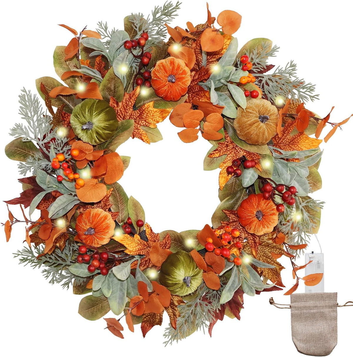 20 Inch Pre-Lit Pumpkin Fall Wreath for Front Door, 30 White LEDs