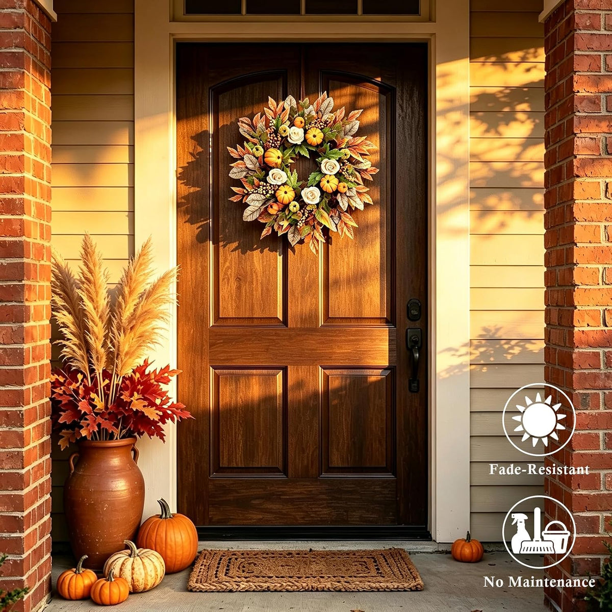 24 Inch Fall Wreaths for Front Door, Autumn Pumpkins Wreaths