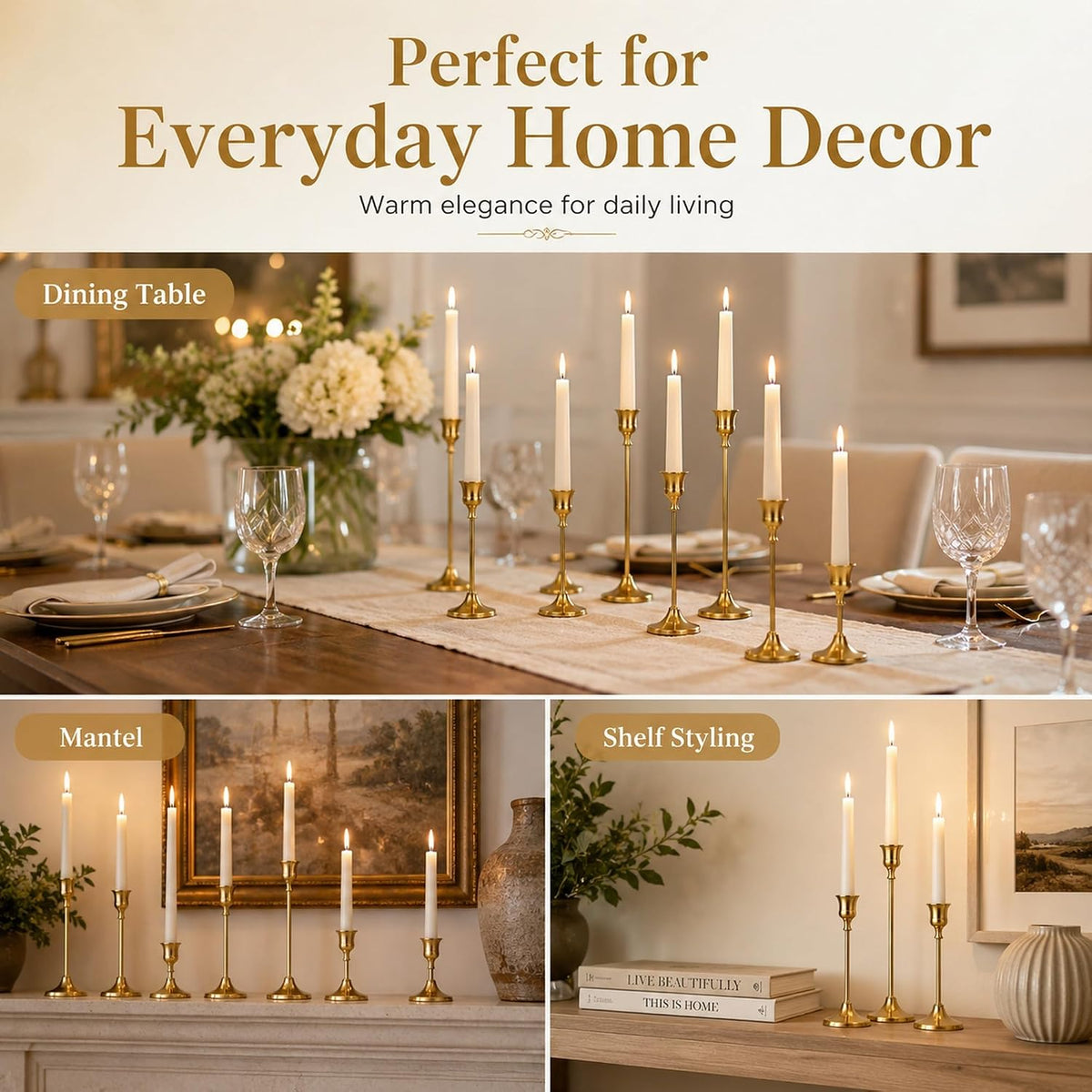 Brass Gold Candlestick Holders Bulk 16 Sets(48 Pcs), Vintage Gold Taper Candl...