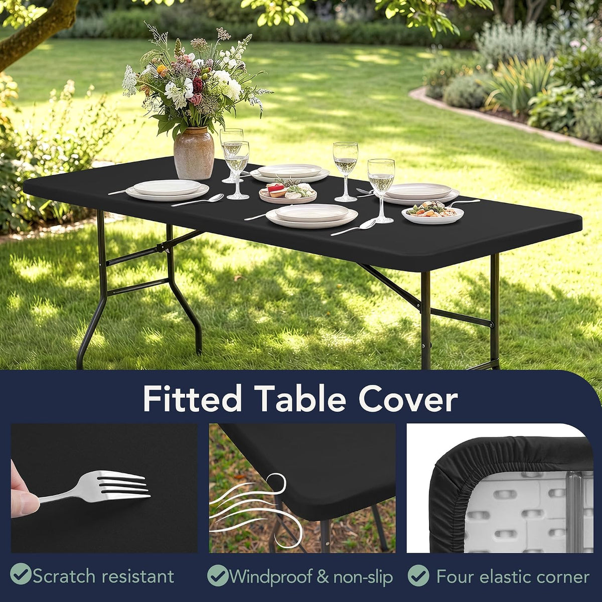 6ft Fitted Tablecloth Rectangle 6-Pack, Black Elastic Table Cover