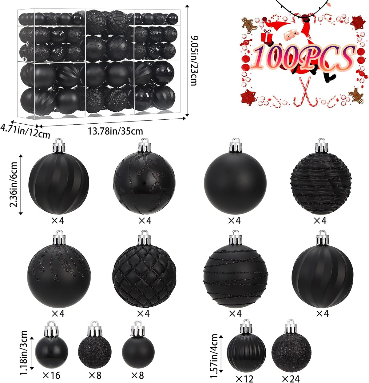 100Pcs Black Christmas Ball Ornaments Set, Assorted Shatterproof Christmas Or...