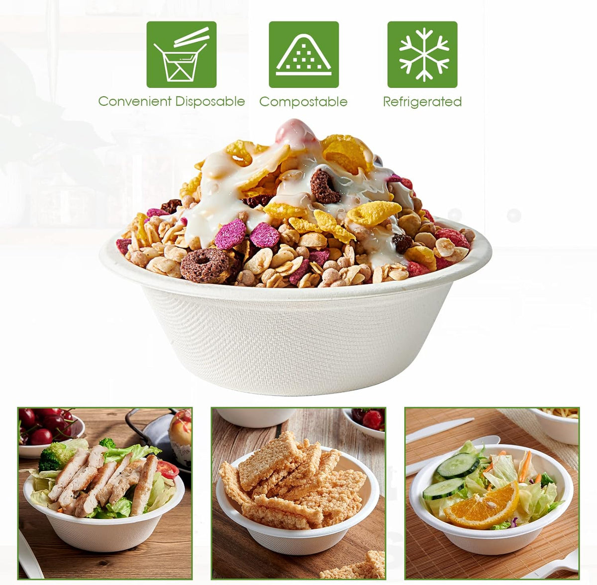 Vplus 500 Pack 12 OZ Compostable Paper Bowls, Bagasse Bowls Bulk,White