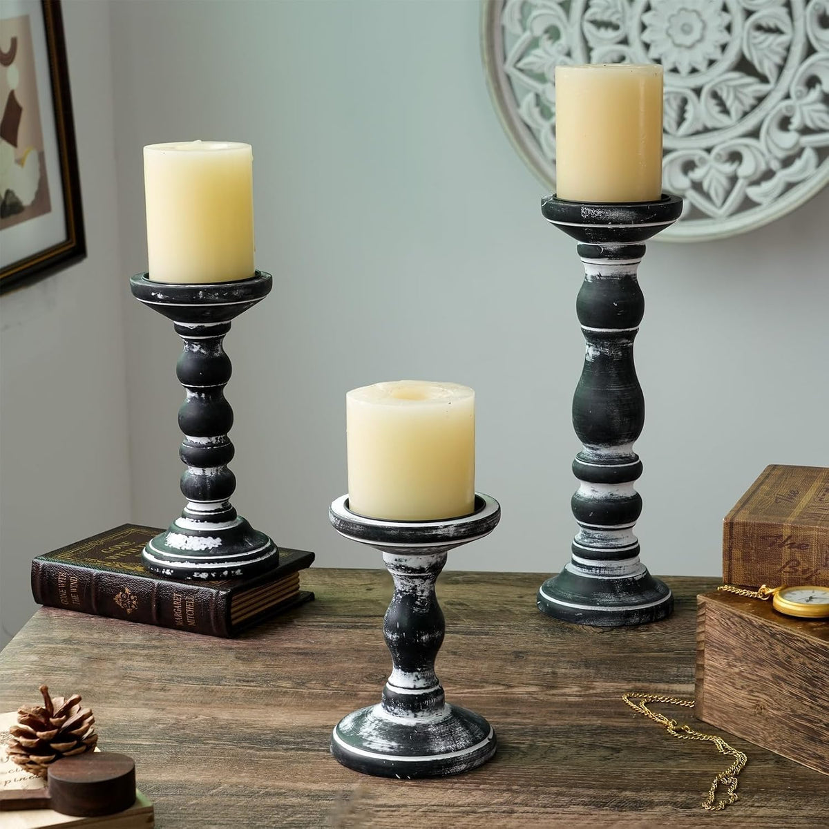 Wood Pillar Candle Holder: Rustic Distressed Black Candle Stand