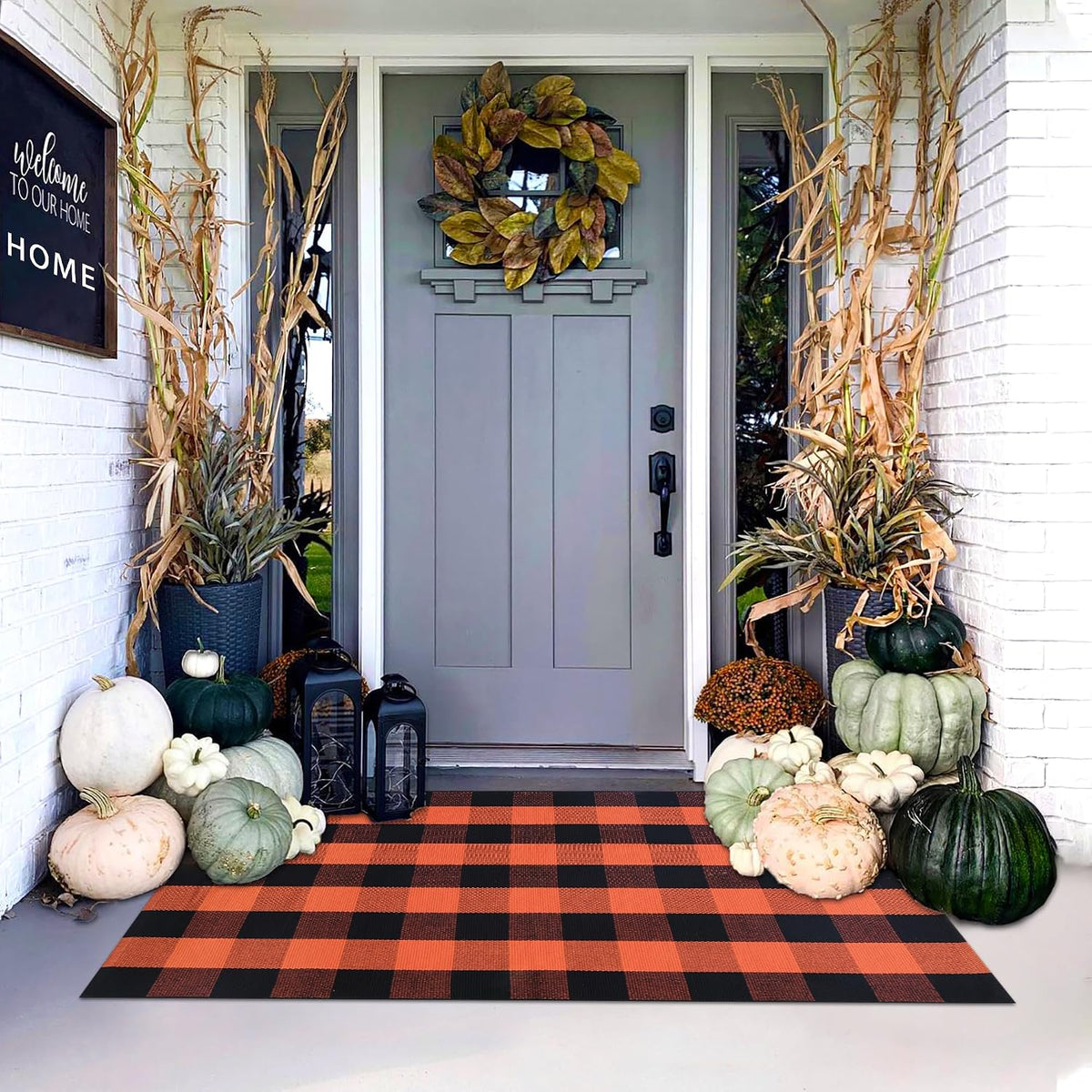Orange and Black Plaid Rug, 3' x 5' Fall Outdoor Front Door Decor Mat...