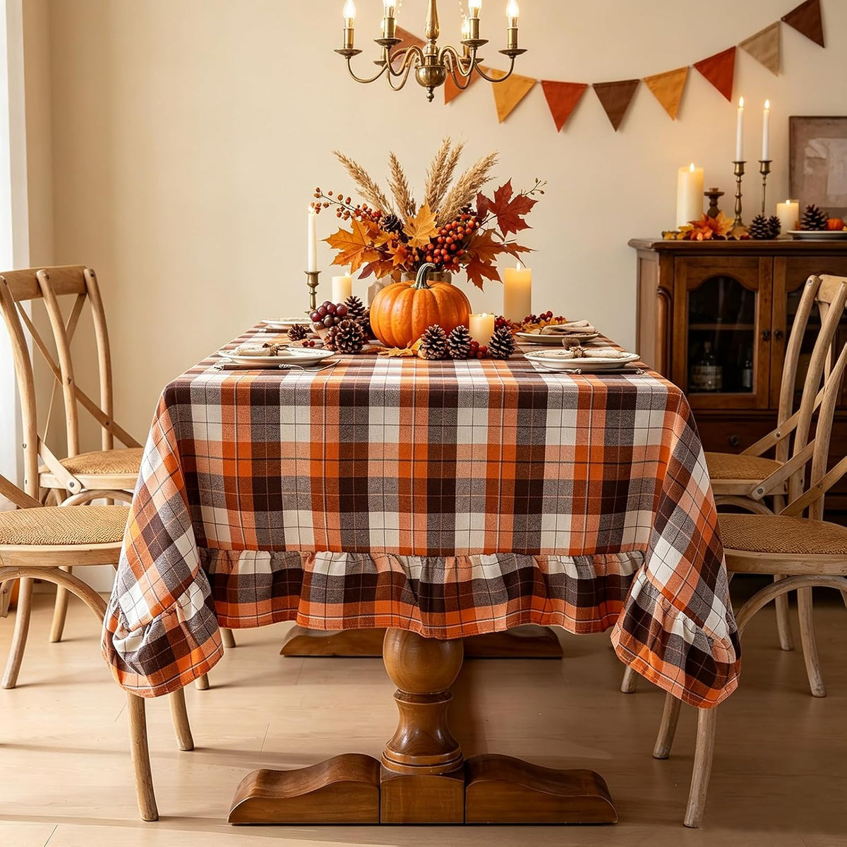 Joyfol Day Thanksgiving Ruffled Tablecloth, Orange Brown Tartan Plaid Vintage...