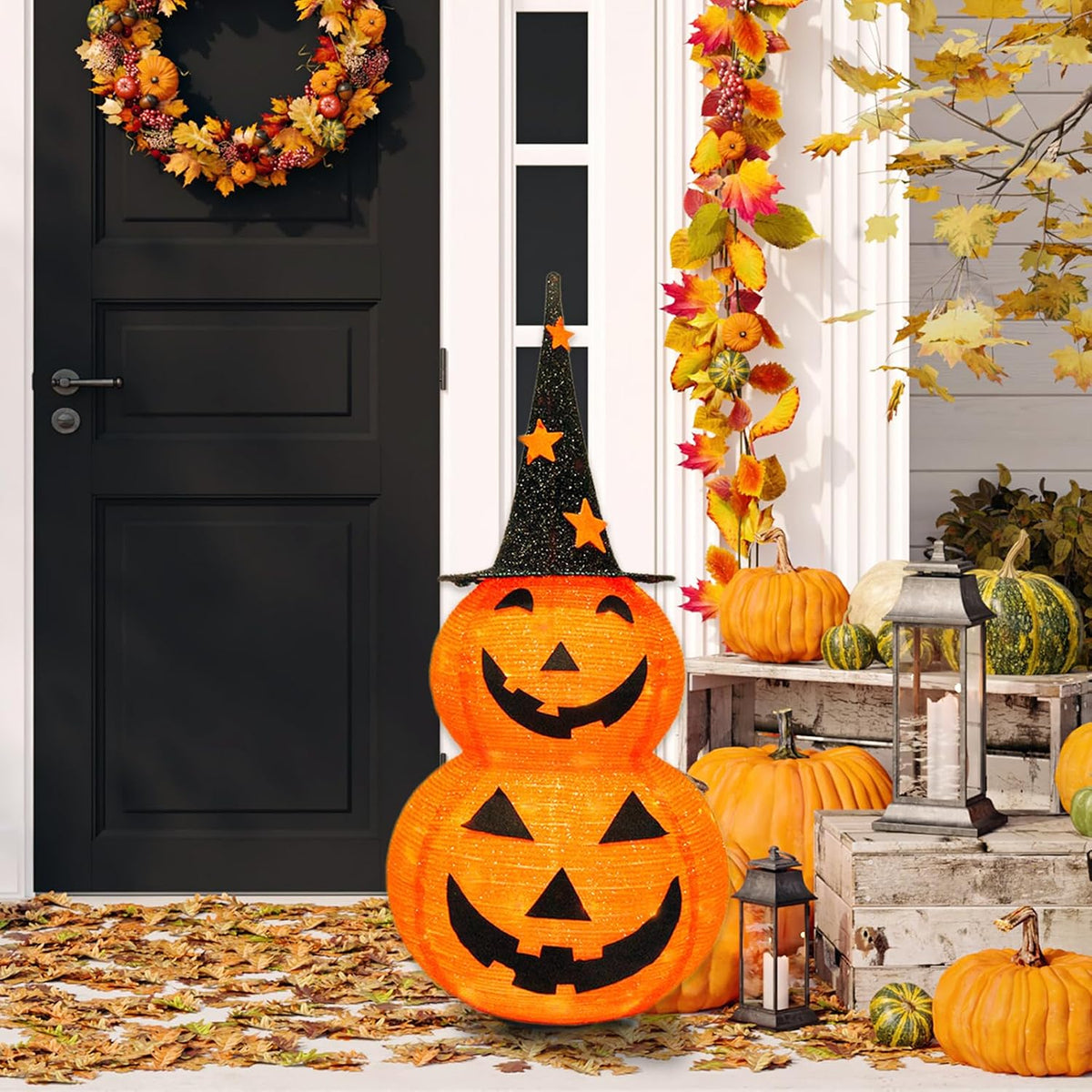 Cute Halloween Collapsible Pumpkin Decorations, 3ft Light Up Pumpkins for Dec...