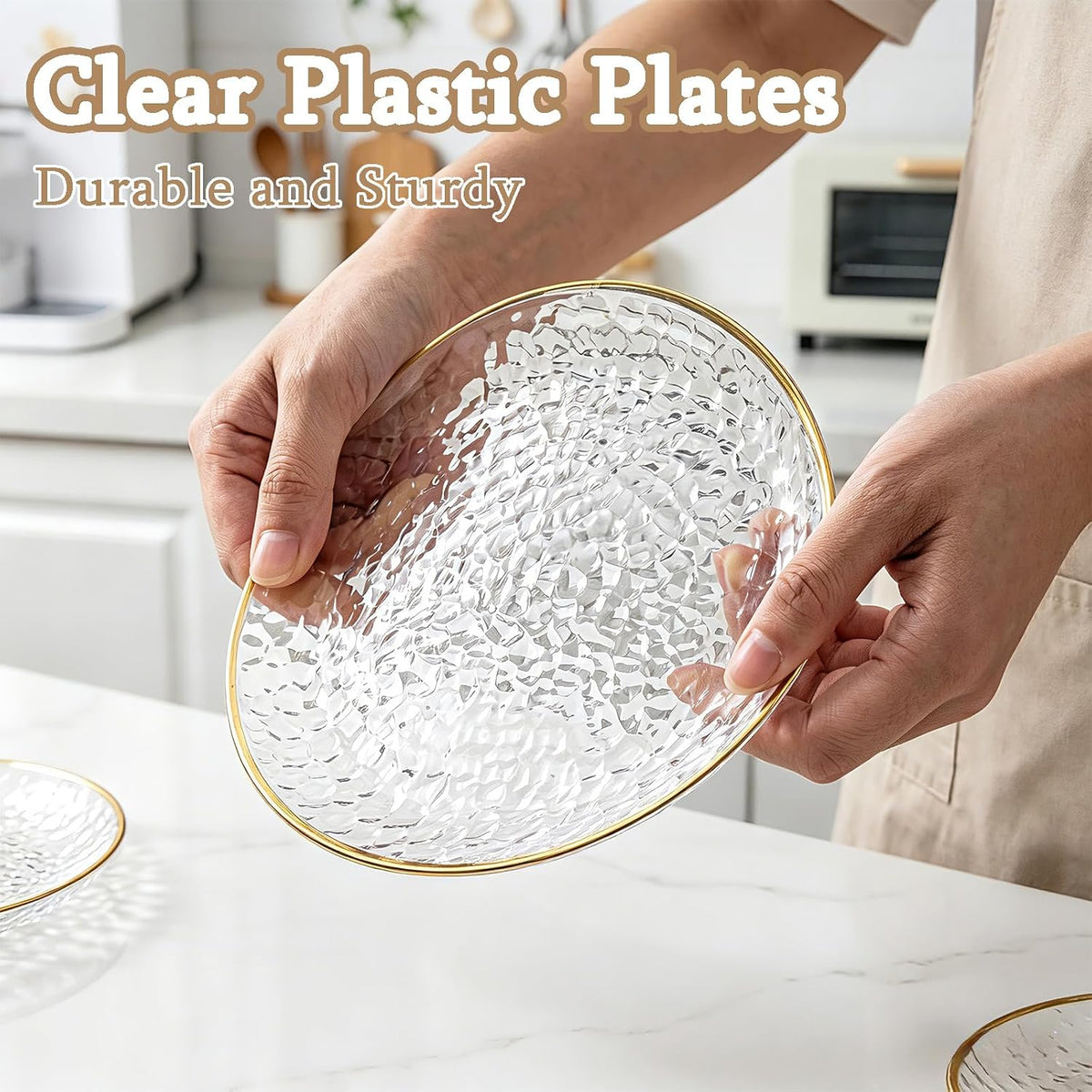 Rubtlamp 100 Pcs Clear Gold Plastic 7 Inch Plates, Small Hammered Party Plate...