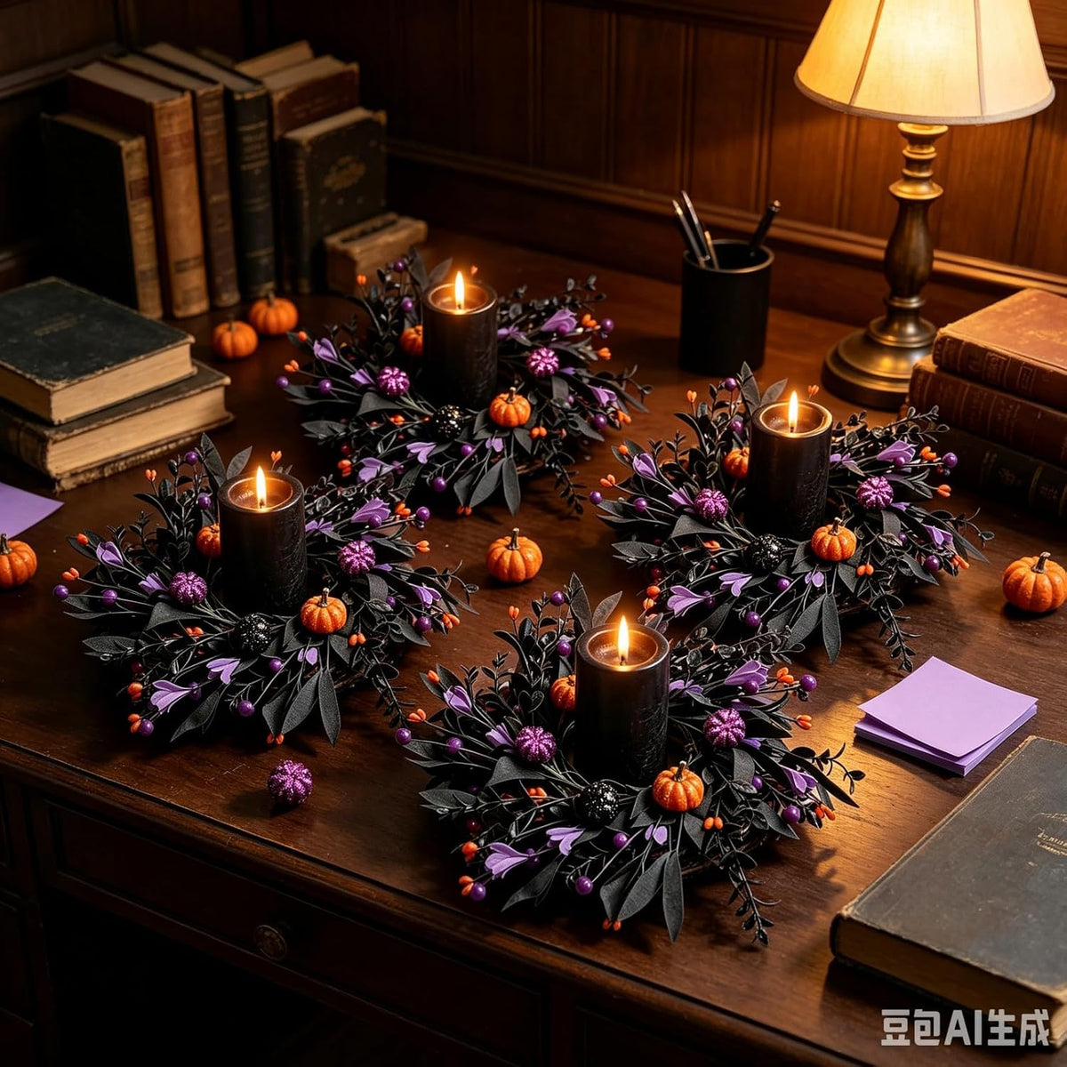 6 Pcs Halloween Mini Candle Ring Wreaths for Cabinets Small Pillar Candle Hol...