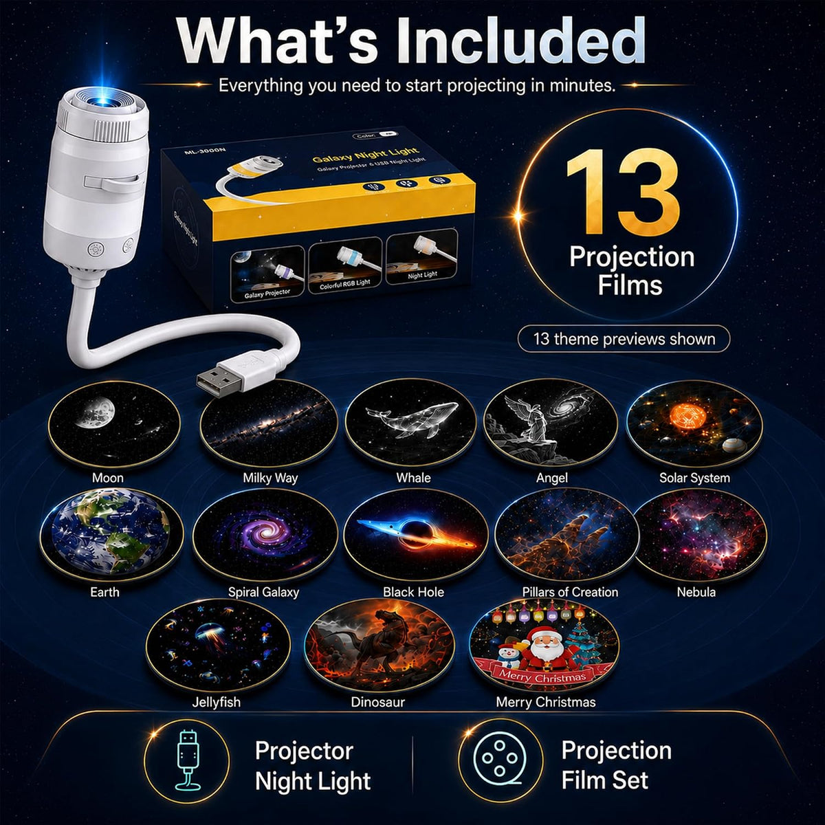 Galaxy Projector Night Light, 2-in-1 Star Projector with 13 Films