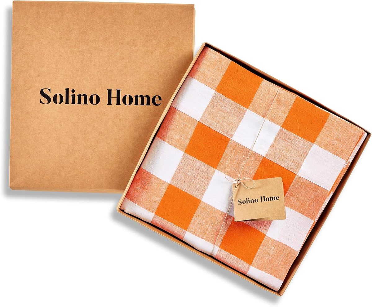 Solino Home 100% Linen Tablecloth, 60 x 108 in, Pumpkin and White Check
