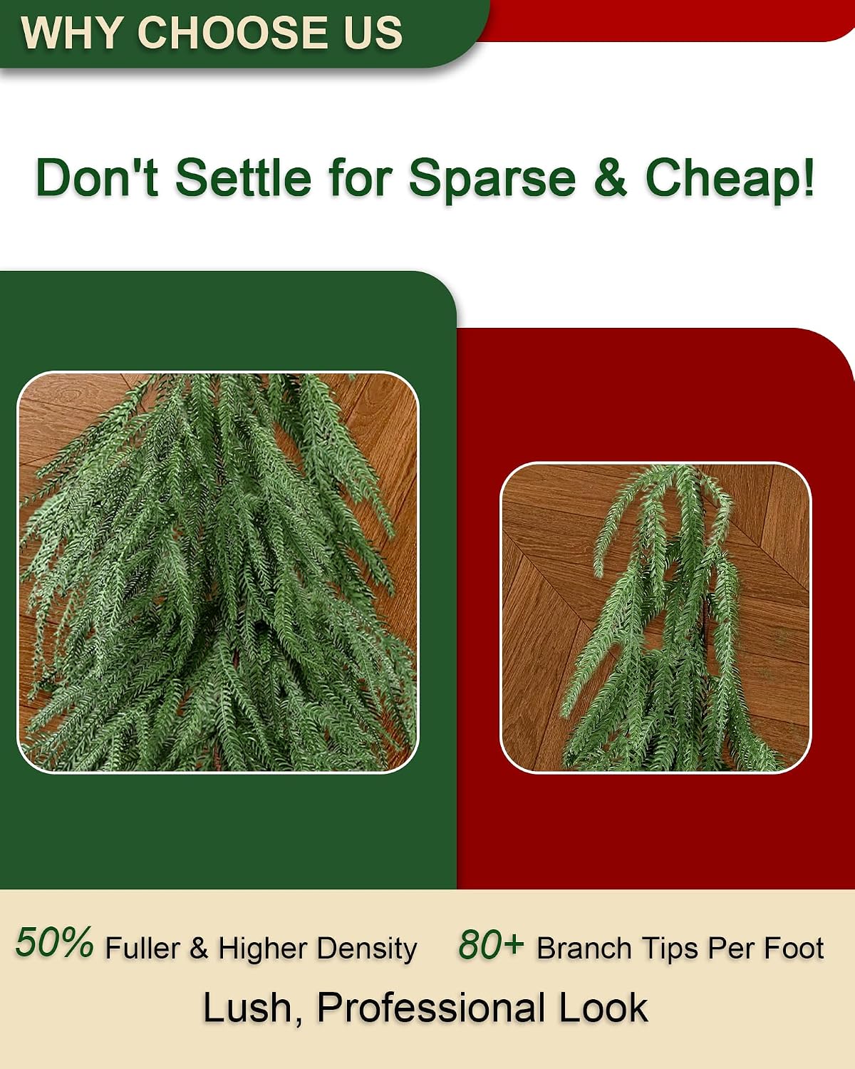 Norfolk Pine Artificial Christmas Garland, Unlit Greenery, 12 FT (6FT*2)