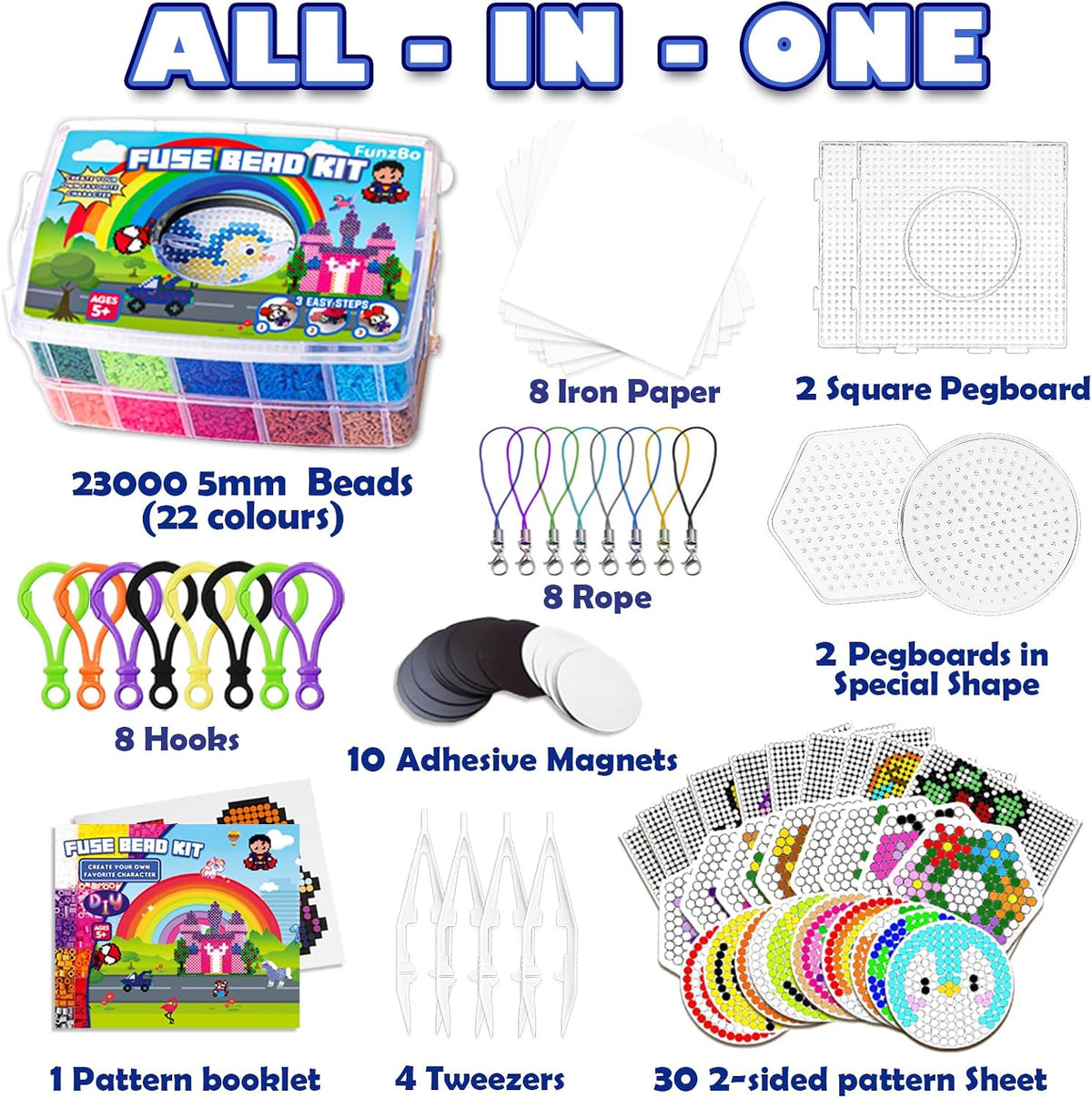FUNZBO 23000 5mm Fuse Beads Kit for Craft Gifts - 22 Colors | 106 Patterns