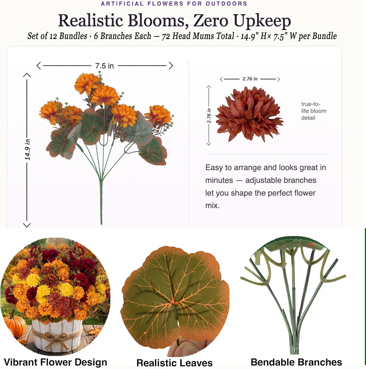 AXYLEX Artificial Mums for Outdoors, 12 Bundles Fake Fall Flowers (Multi)