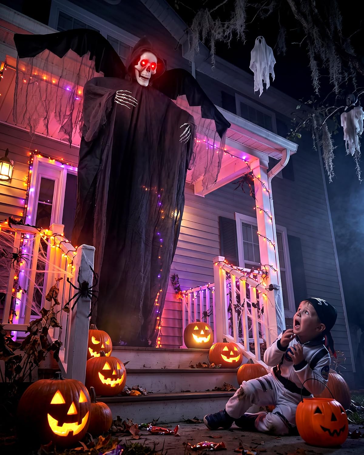 74'' Sound Activated Animatronics Skeleton, Outdoor Halloween Skeleto...