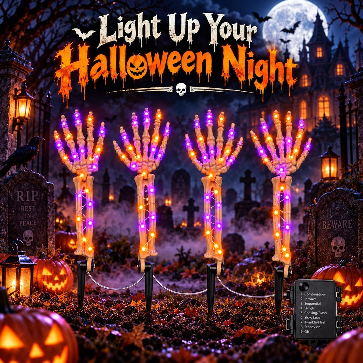 Halloween Decorations Outdoor, 4 Pcs Lighted Skeleton Hand Stakes with 200 LE...