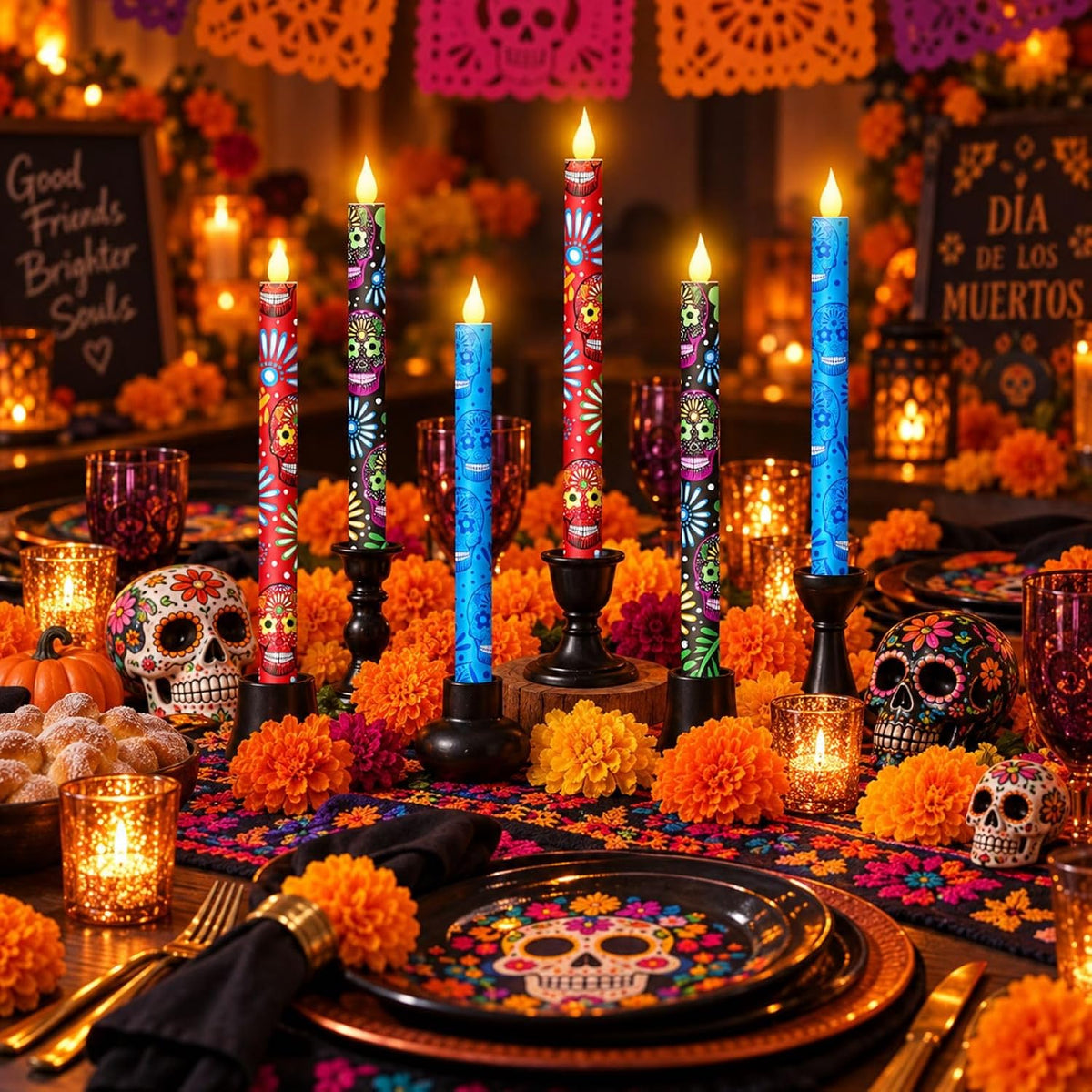 Honoson 6 Pcs Dia De Los Muertos Flameless Taper Candles, Battery Operated