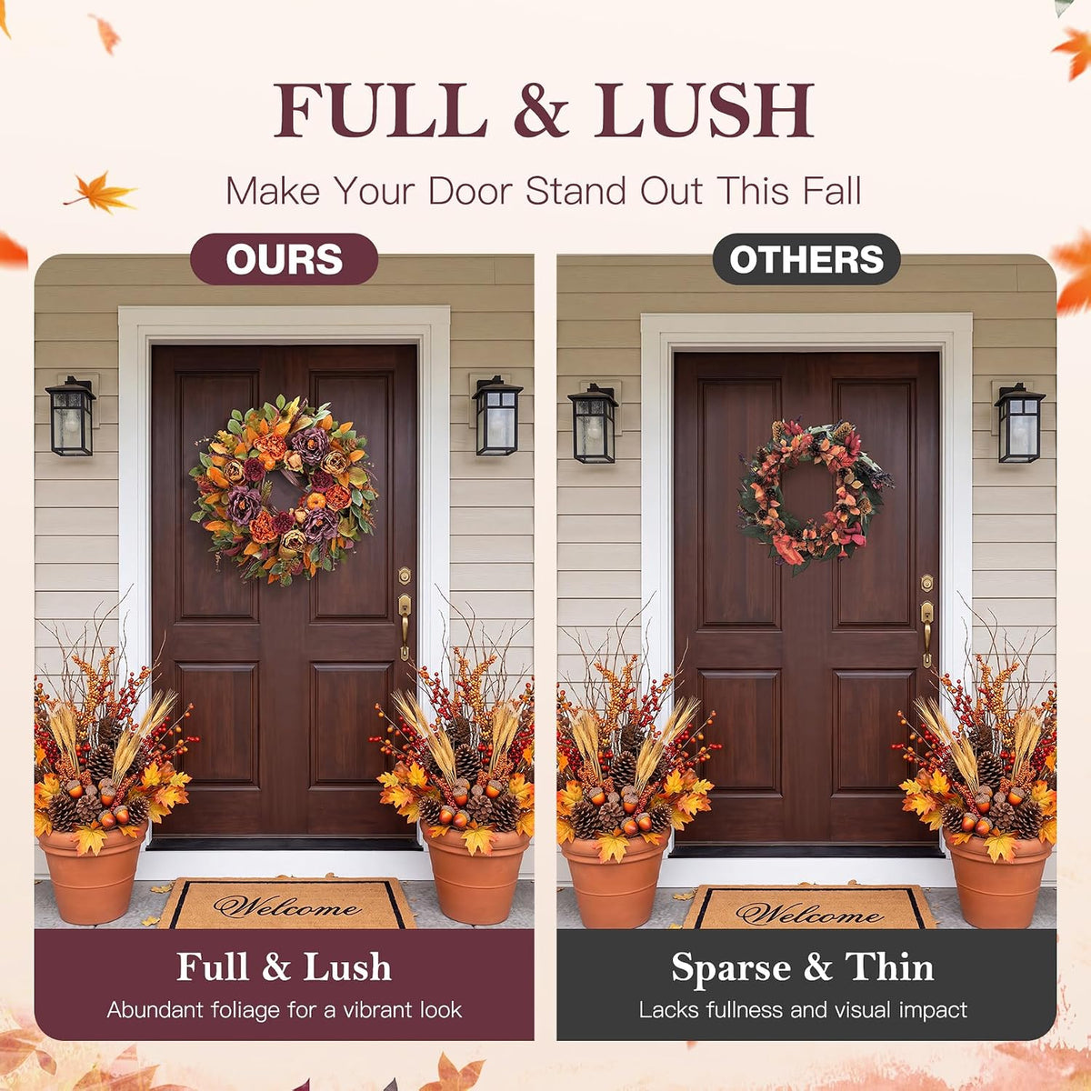 26 Inch Fall Wreath for Front Door, Large Autumn Harvest Wreath with Purple P...