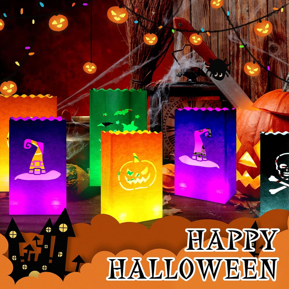 Meanplan 48 Pcs Halloween Luminary Bags with LED Light Candles Set, Novel