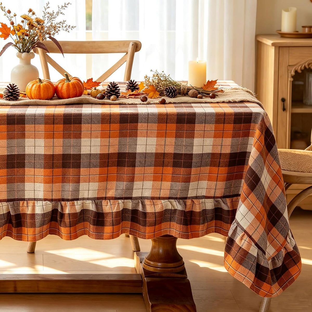 Joyfol Day Thanksgiving Ruffled Tablecloth, Orange Brown Tartan Plaid Vintage...