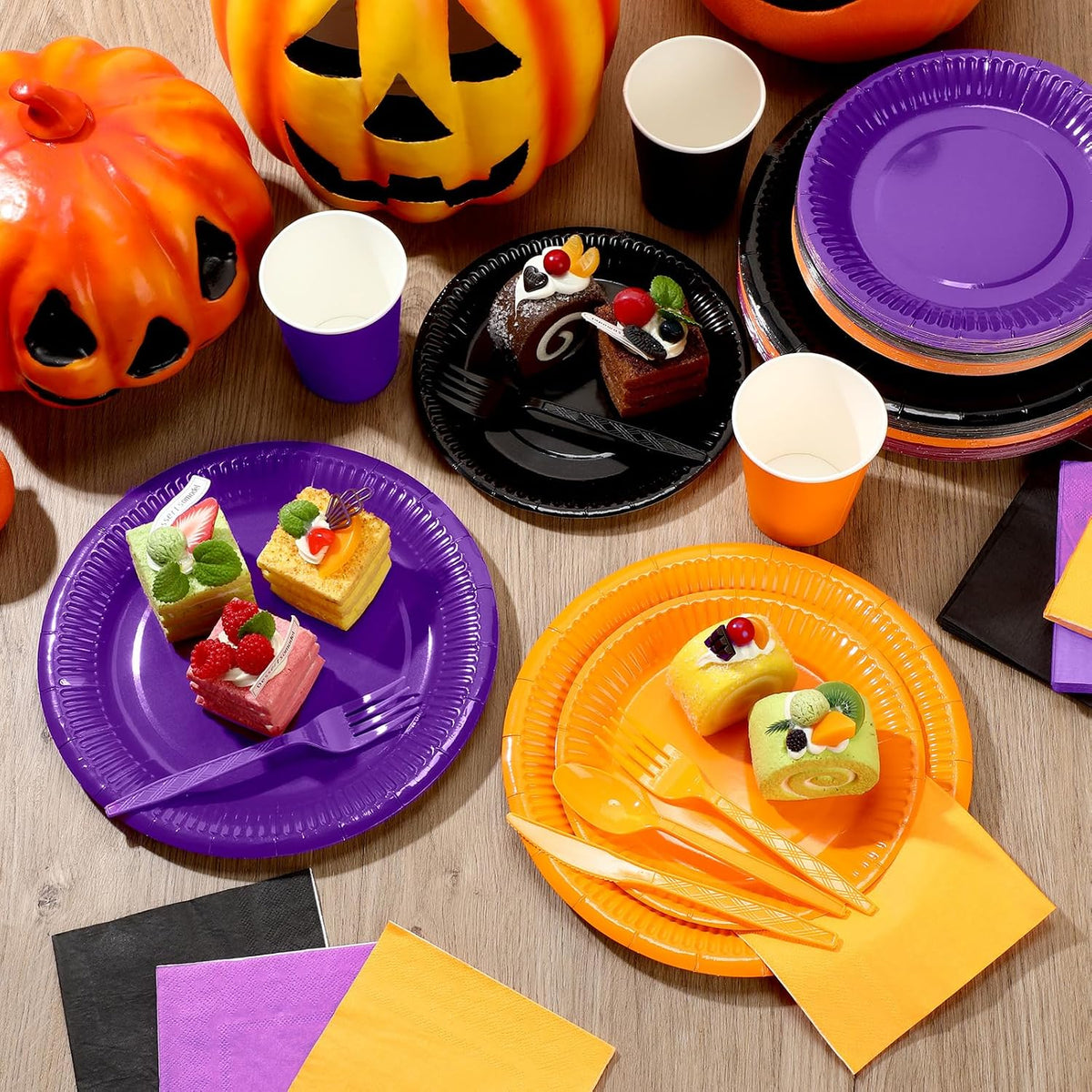 Ziliny 420 Pcs Black Orange Purple Paper Plates and Napkins Paper Cups Set