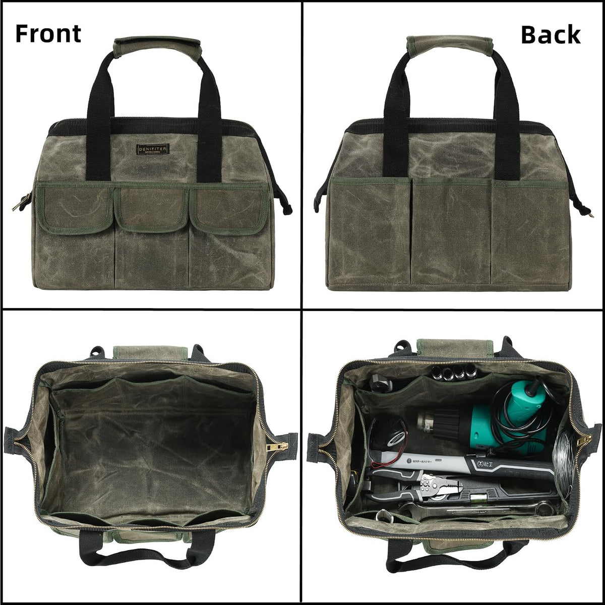 15 Inch Tool Bag, Heavy Duty Waxed Canvas Wide Mouth Water-Resistant Tool Pou...