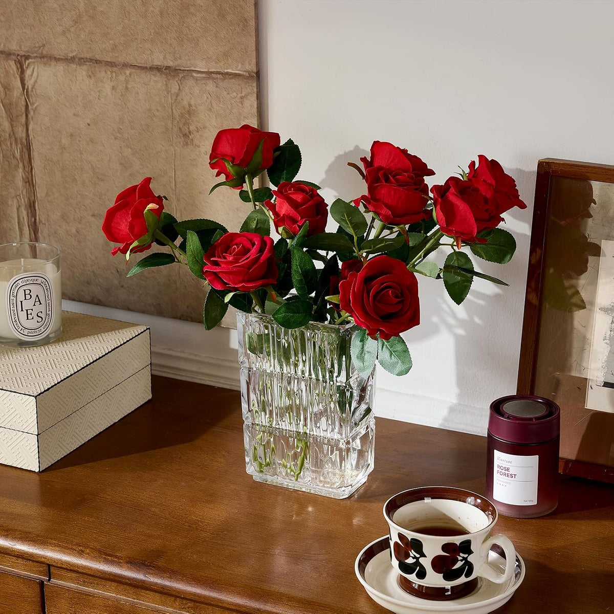 AmyHomie 48 PCS Red Roses, Velvet Realistic Fake Flowers w/Stems