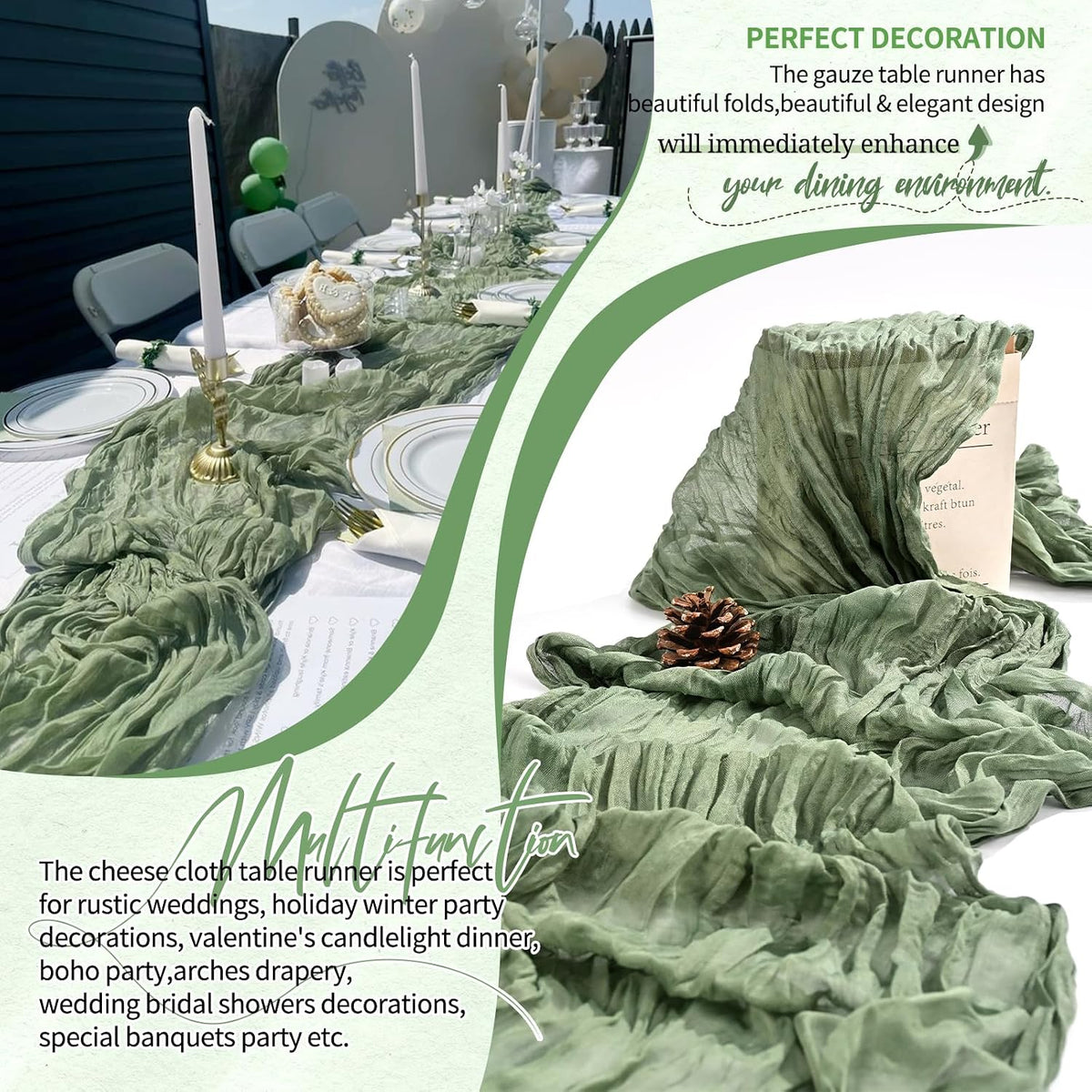 20 Pack Sage Green Cheesecloth Table Runner Wedding Birthday Table Decor