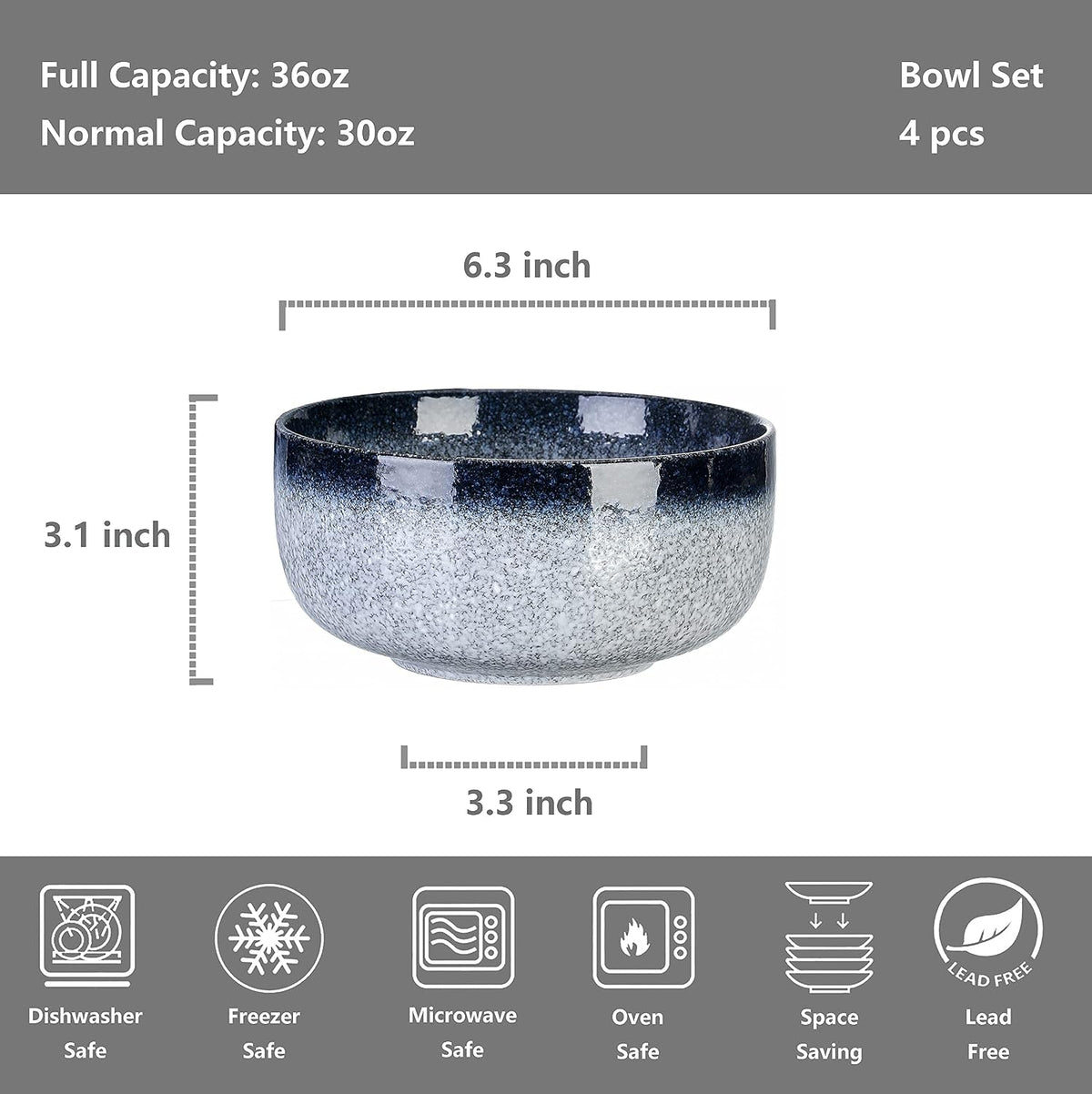 S&Q'S CERAMICS Cereal Bowls - 36 Ounce, Japanese Noodle Bowl Set, Cer...