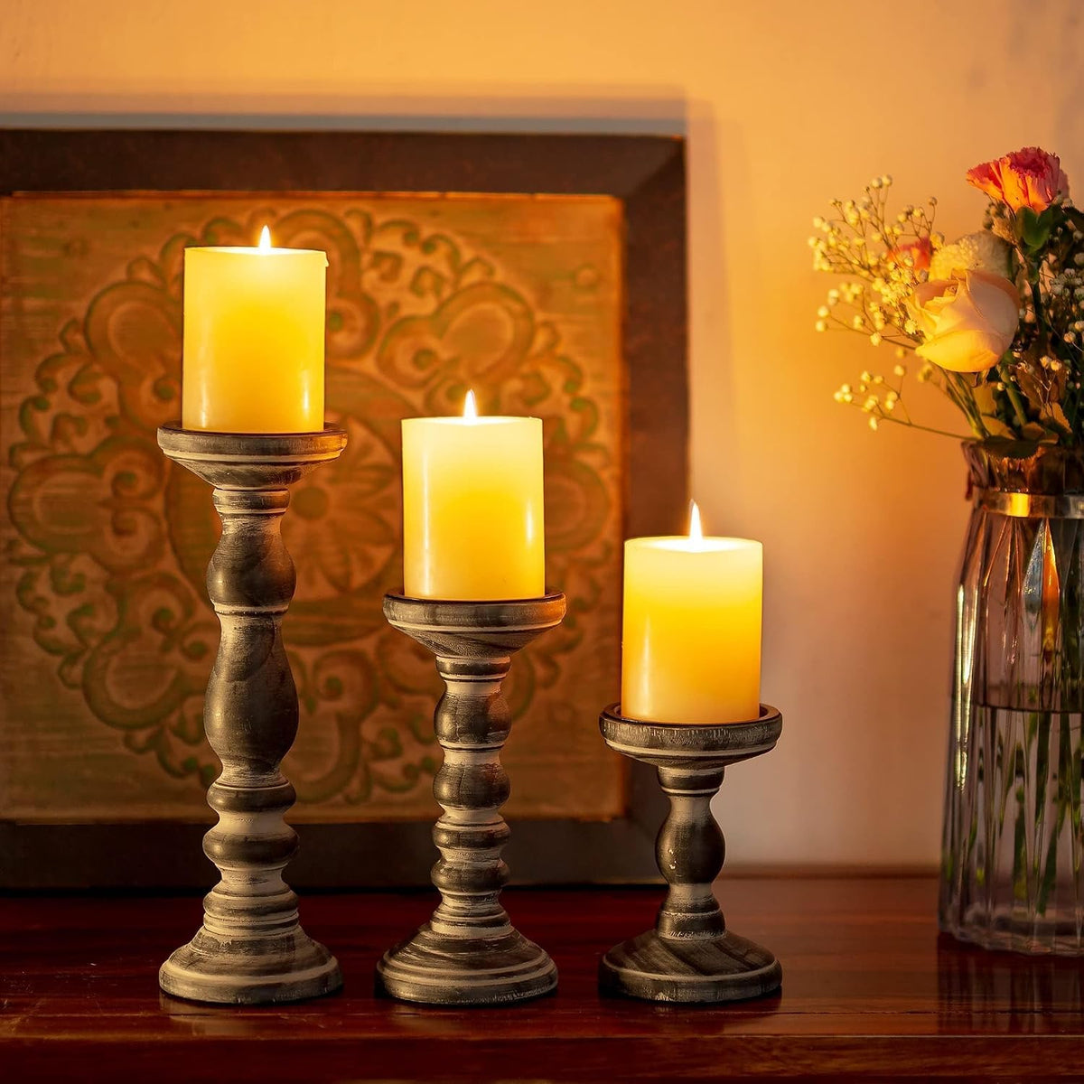 Wood Pillar Candle Holder: Rustic Distressed Black Candle Stand